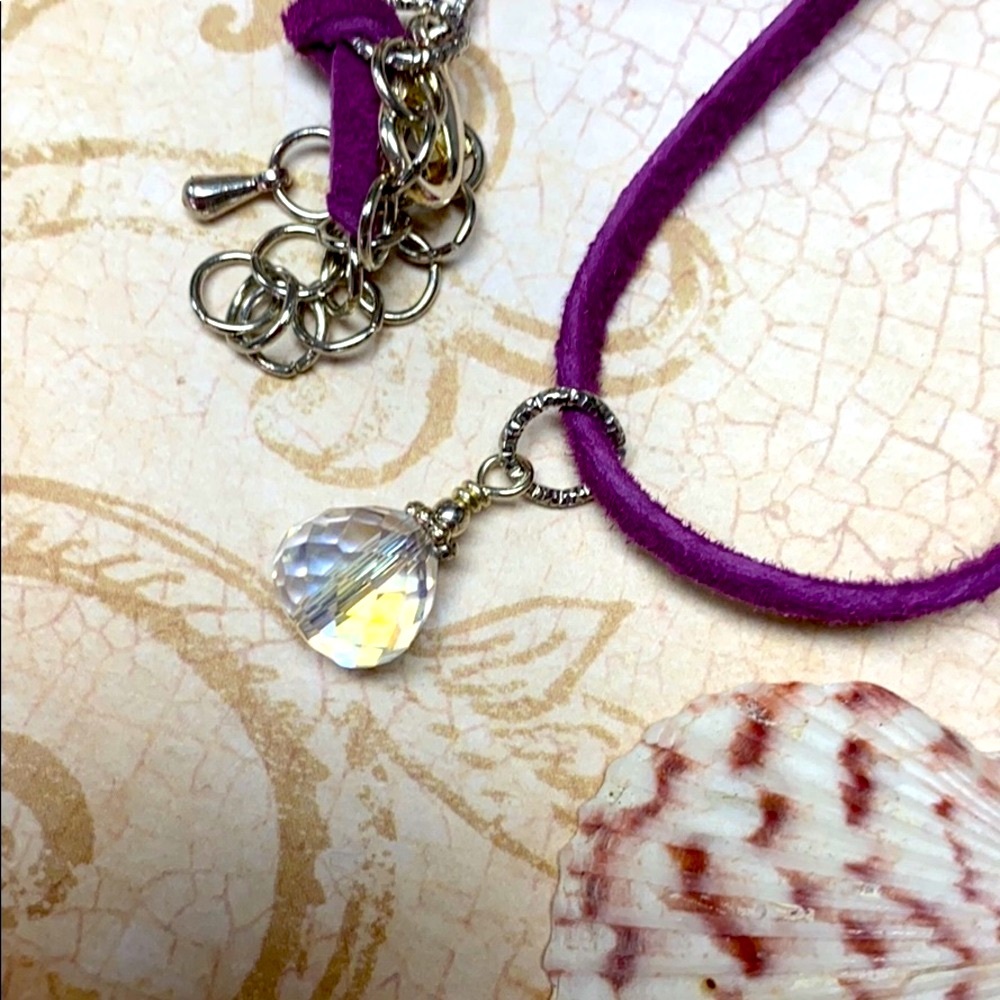 NWOT Purple leather necklace crystal drop 17”-20”